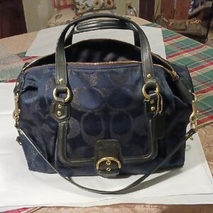 Coach Dark Navy and Black Metallic Satin Campbell Satchel W/Brass Hardware